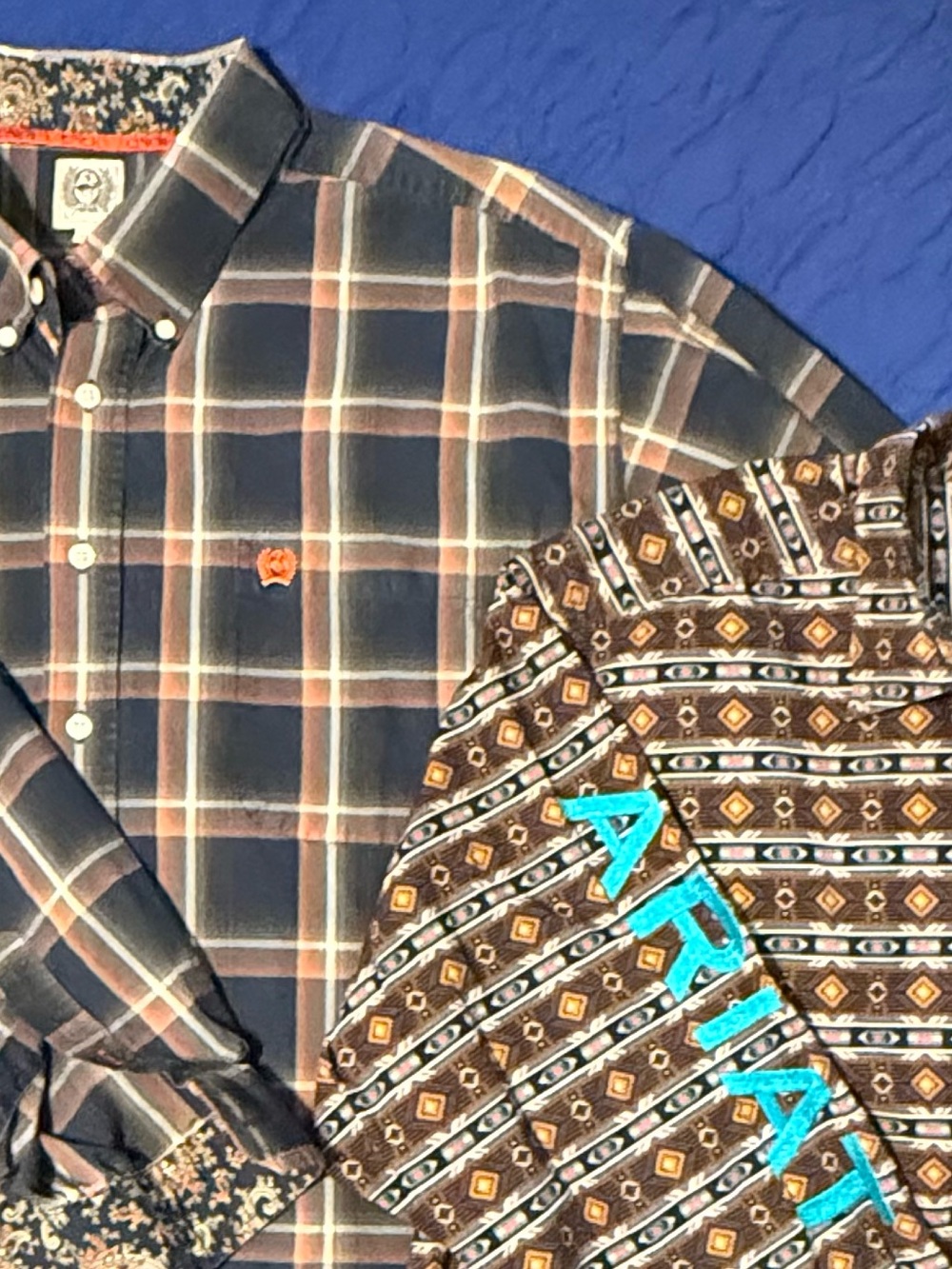 XL Ariat brown geometric green embroidered and Cinch blue plaid western shirts